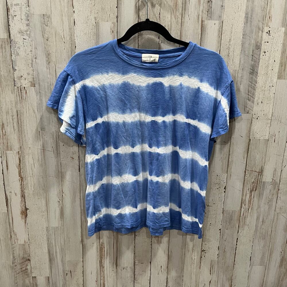 T.La Anthropologie Blue Tie Dye Stripe Ruffle Short Sleeve Tee Tshirt Womens XS